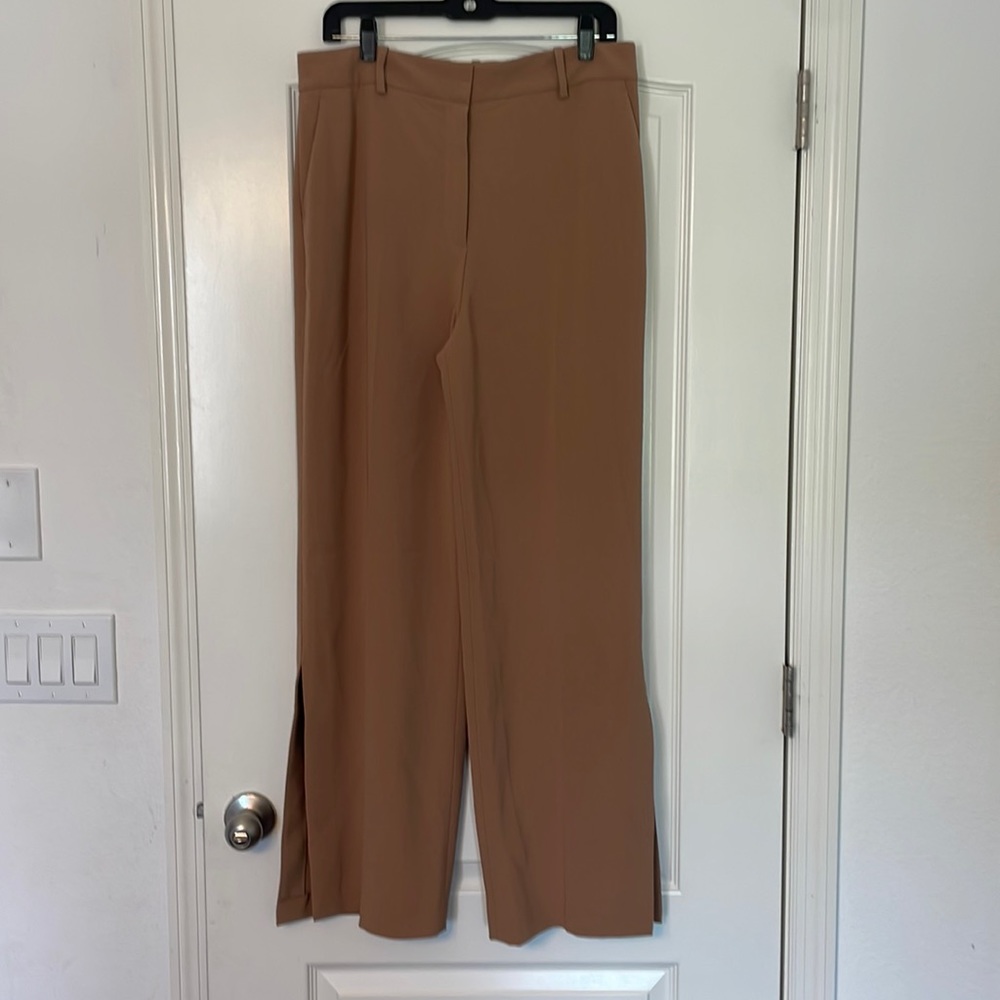 Theory wide leg with slit camel pants.